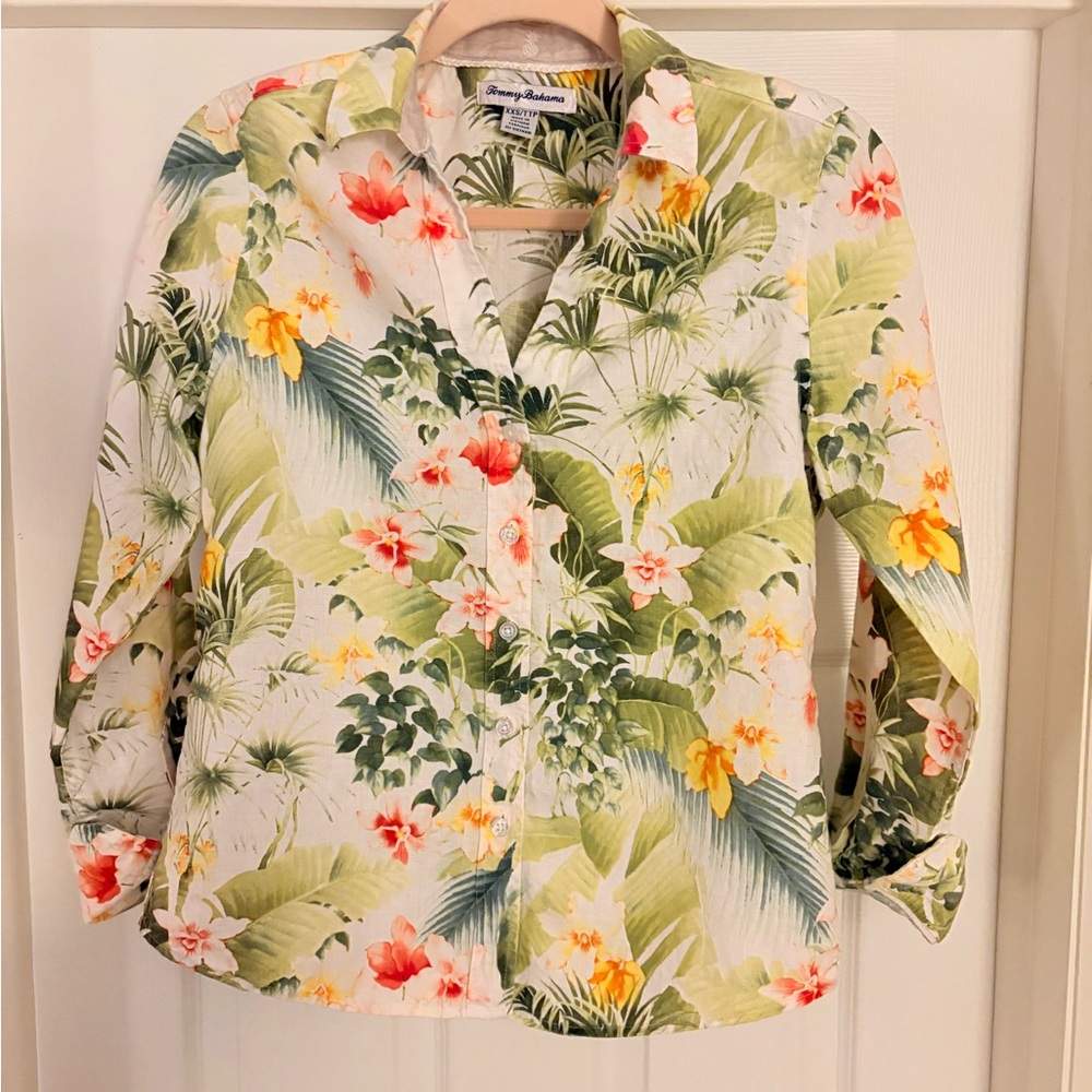 Tommy Bahama Linen Tropical Floral Palm Button Down Shirt XXS